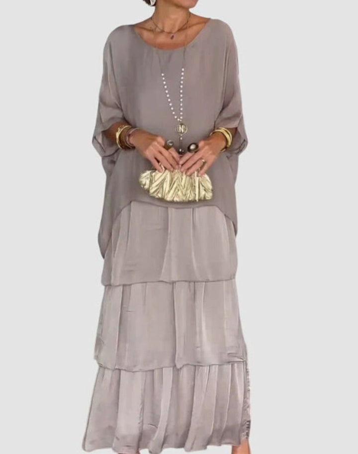 Women's Tiered Colorblock Maxi Elegant Dress Flowing Batwing Sleeve - Gray