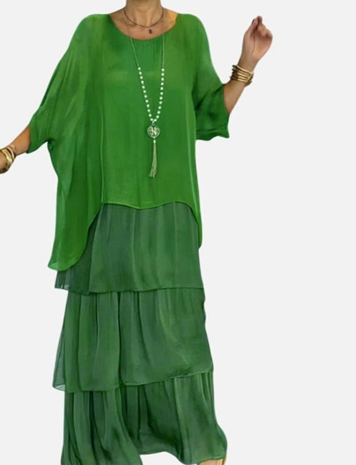 Women's Tiered Colorblock Maxi Elegant Dress Flowing Batwing Sleeve