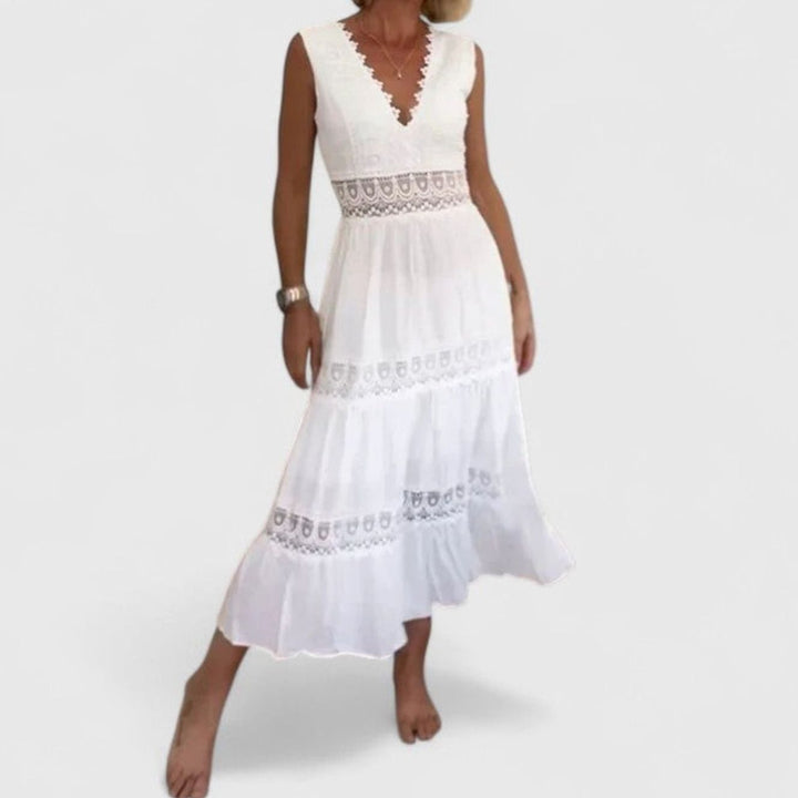 Women's V-Neck Crochet Lace Tiered Sleeveless Midi Dress - White
