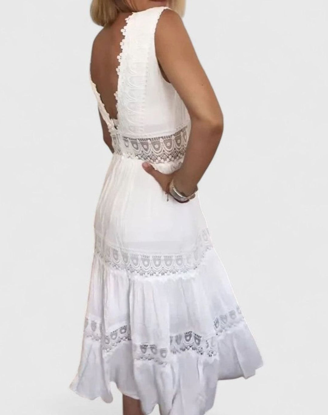 Women's V-Neck Crochet Lace Tiered Sleeveless Midi Dress