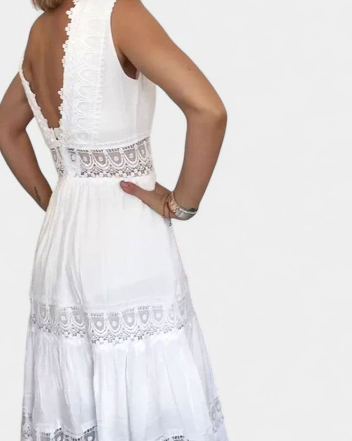 Women's V-Neck Crochet Lace Tiered Sleeveless Midi Dress