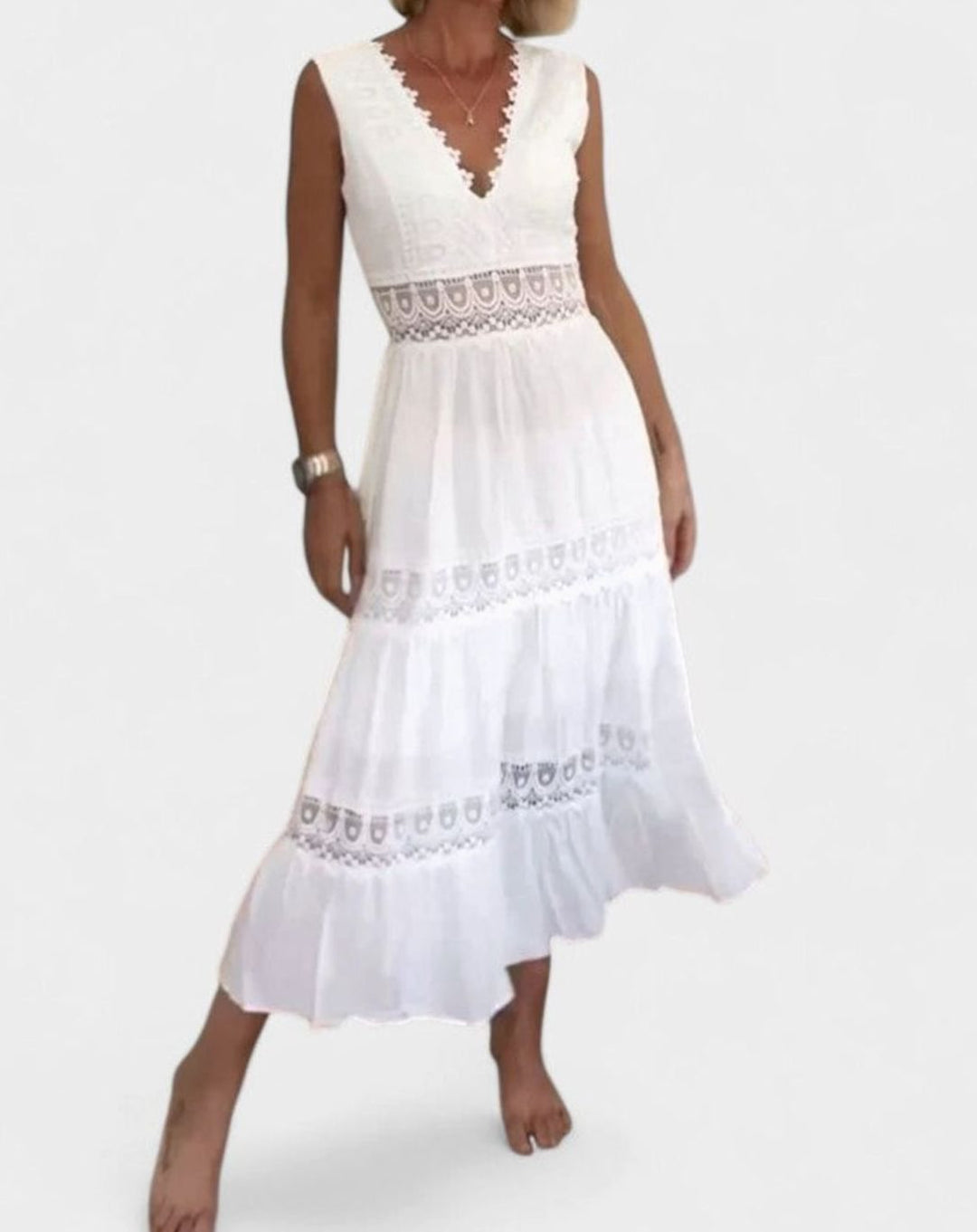 Women's V-Neck Crochet Lace Tiered Sleeveless Midi Dress