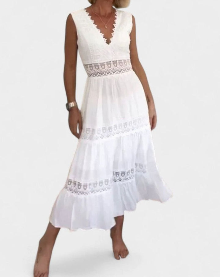 Women's V-Neck Crochet Lace Tiered Sleeveless Midi Dress