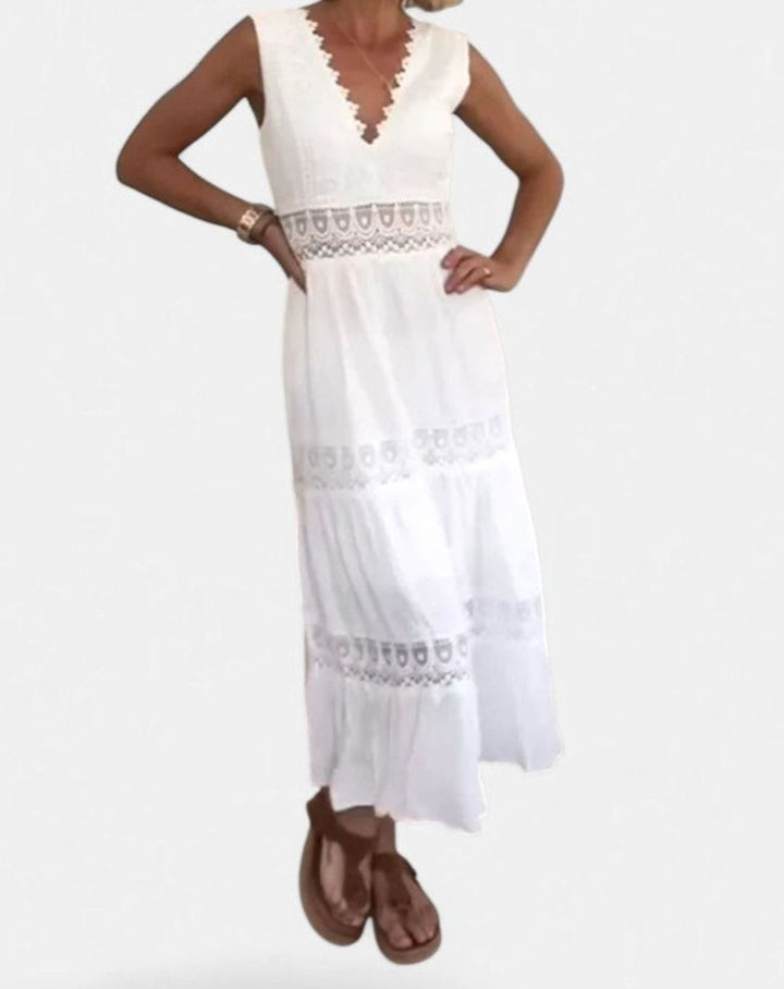 Women's V-Neck Crochet Lace Tiered Sleeveless Midi Dress