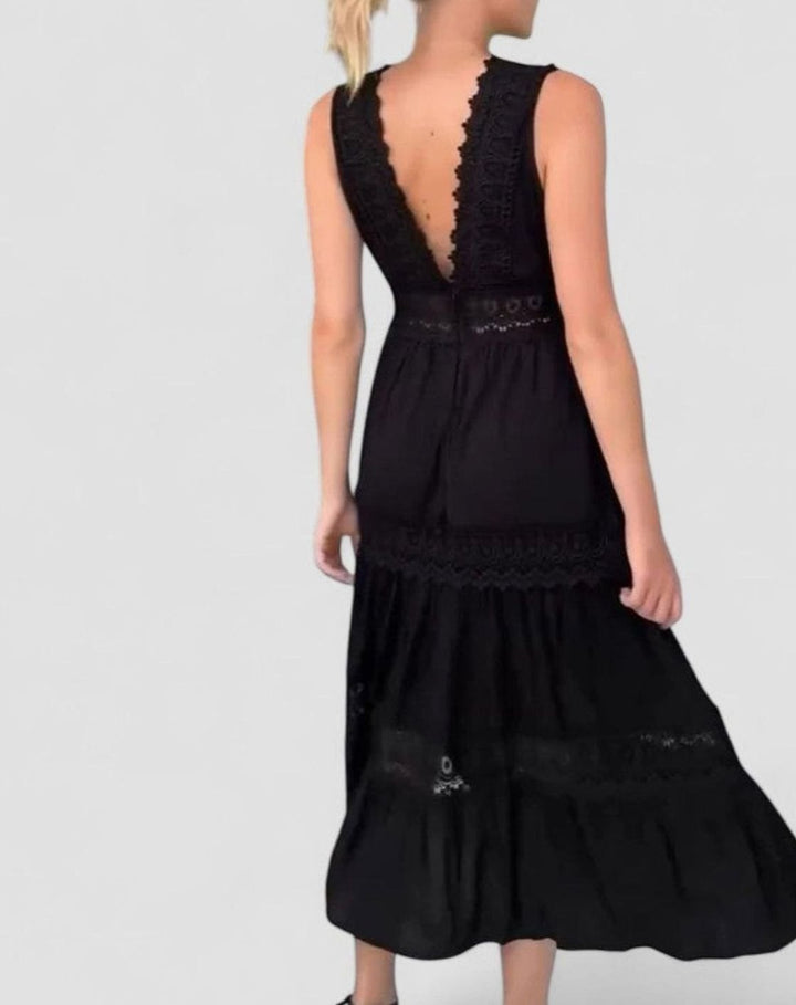 Women's V-Neck Crochet Lace Tiered Sleeveless Midi Dress