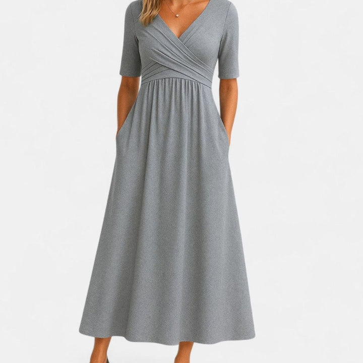 Women's V-Neck Crossover Empire-Waist A-Line Midi Dress Pockets - Gray