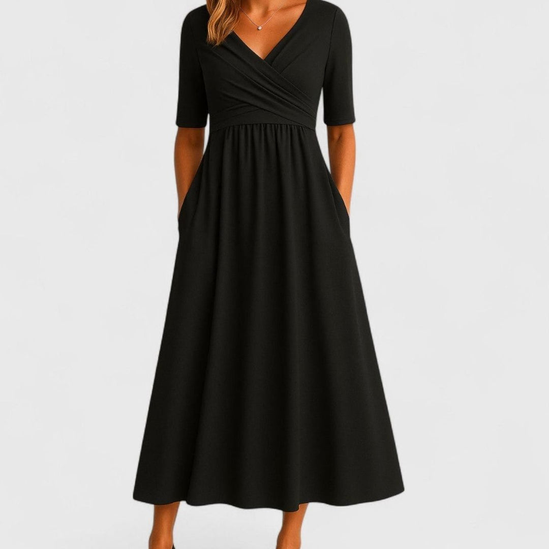 Women's V-Neck Crossover Empire-Waist A-Line Midi Dress Pockets - Black