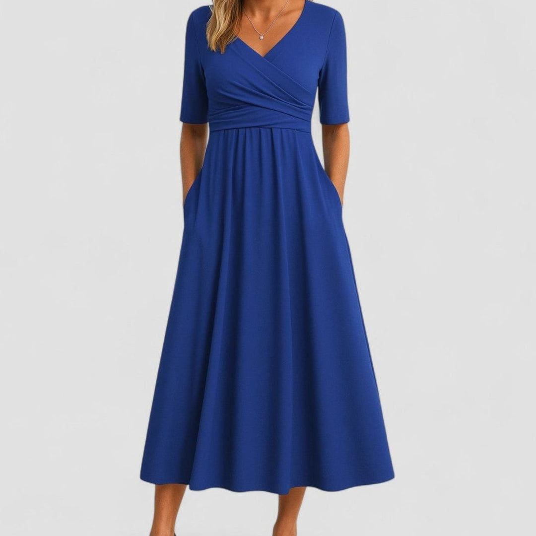 Women's V-Neck Crossover Empire-Waist A-Line Midi Dress Pockets - Blue