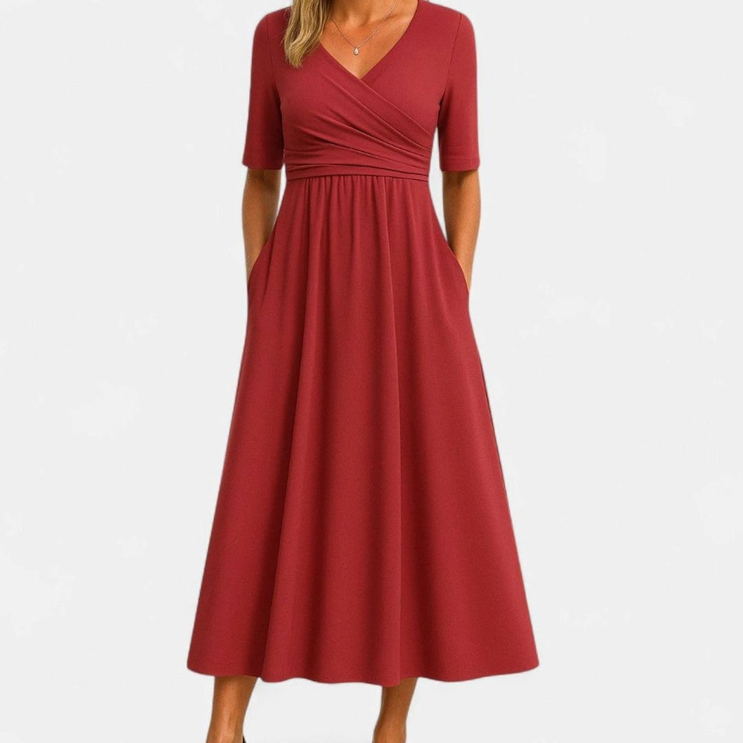 Women's V-Neck Crossover Empire-Waist A-Line Midi Dress Pockets - Red