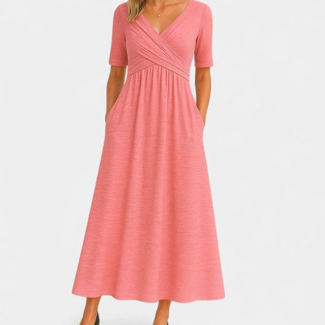 Women's V-Neck Crossover Empire-Waist A-Line Midi Dress Pockets - Pink