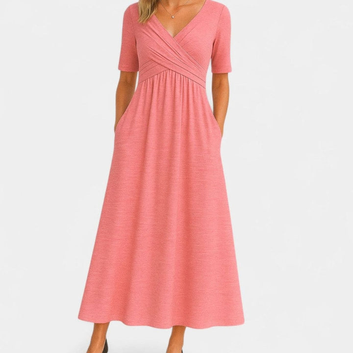 Women's V-Neck Crossover Empire-Waist A-Line Midi Dress Pockets - Pink