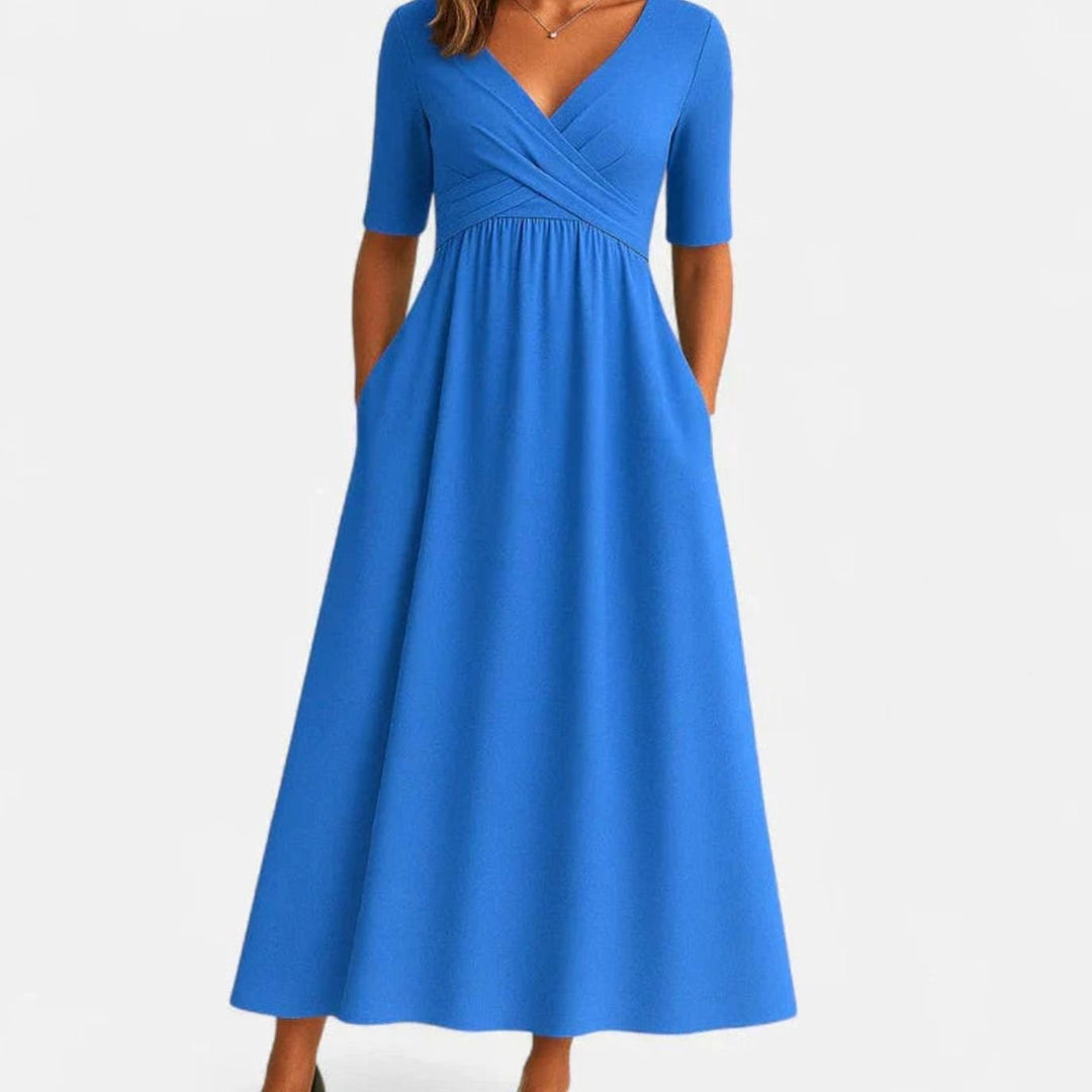 Women's V-Neck Crossover Empire-Waist A-Line Midi Dress Pockets - Light Blue