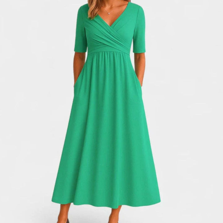Women's V-Neck Crossover Empire-Waist A-Line Midi Dress Pockets - Green