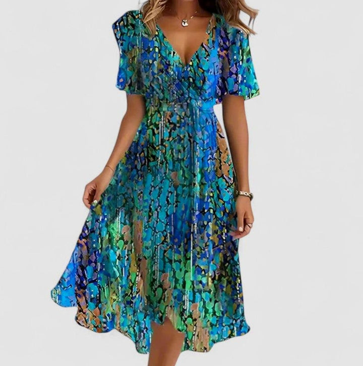 Women's V-Neck Flutter Sleeve Floral Short Dress High-Low Hem - Blue/Green