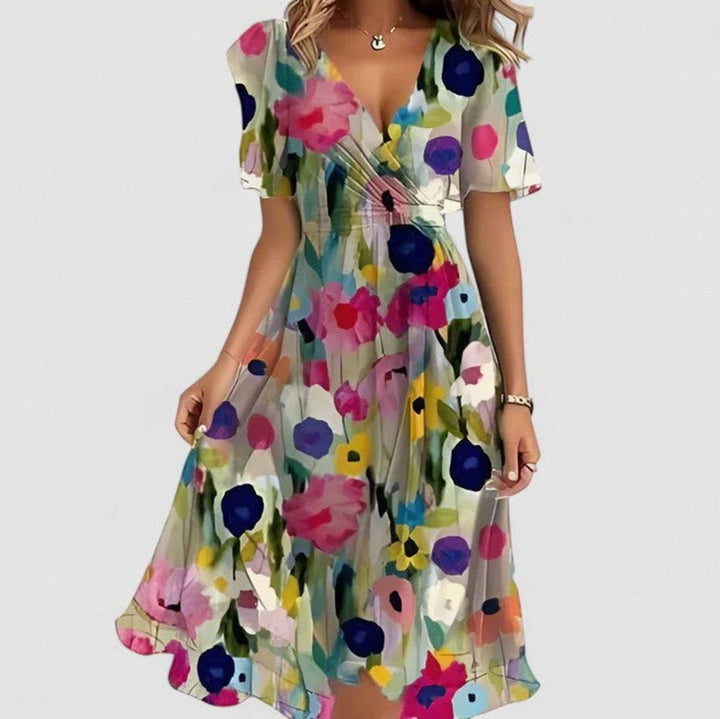 Women's V-Neck Flutter Sleeve Floral Short Dress High-Low Hem - Beige Color Floral