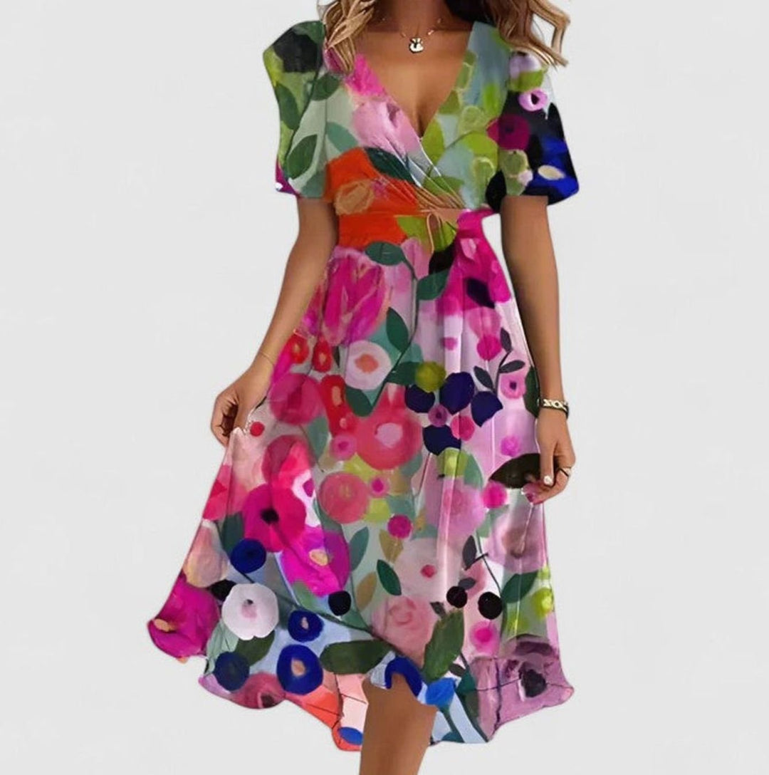 Women's V-Neck Flutter Sleeve Floral Short Dress High-Low Hem - Multi Color Floral