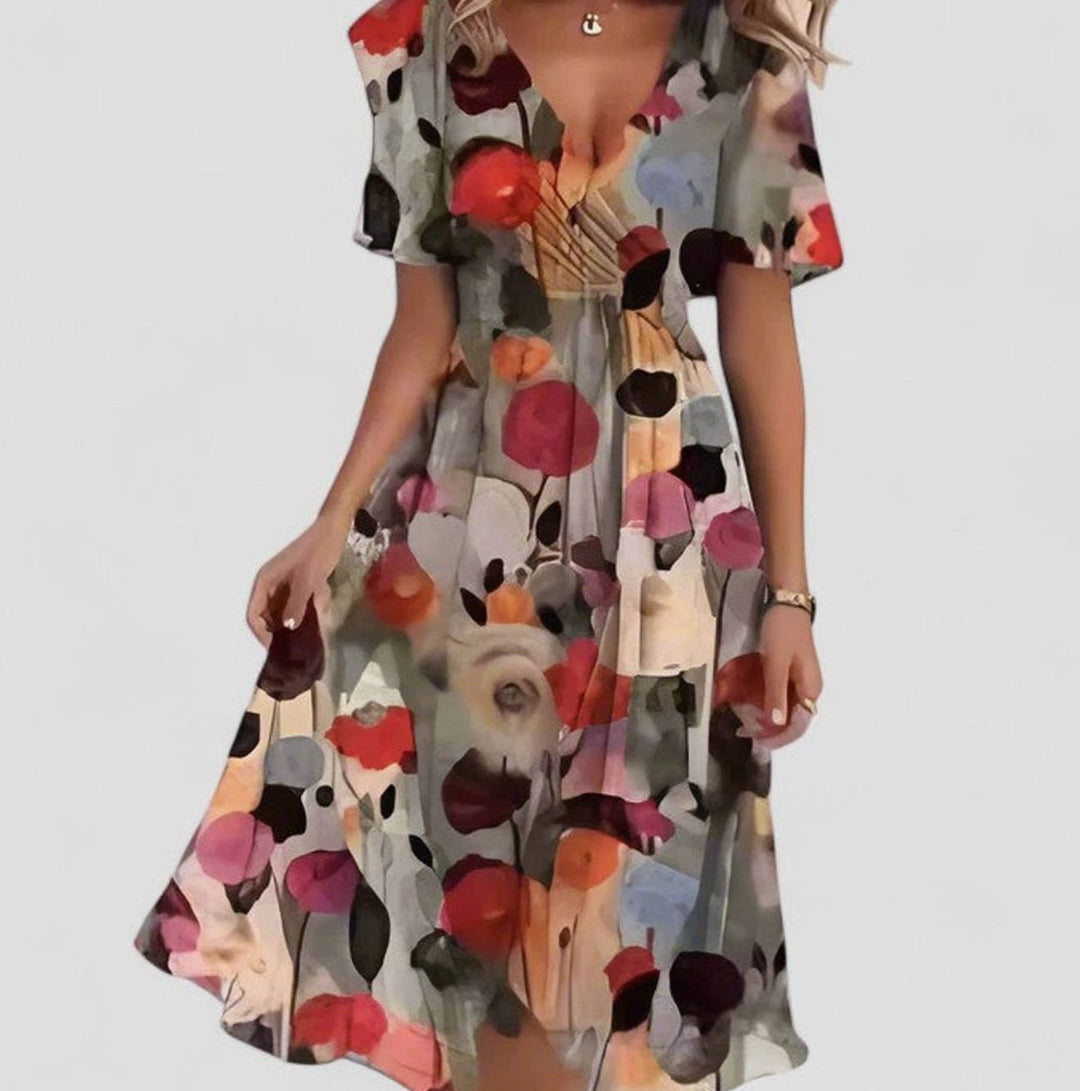 Women's V-Neck Flutter Sleeve Floral Short Dress High-Low Hem - Brown Floral
