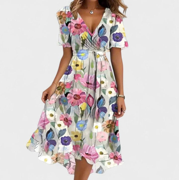 Women's V-Neck Flutter Sleeve Floral Short Dress High-Low Hem - White Floral