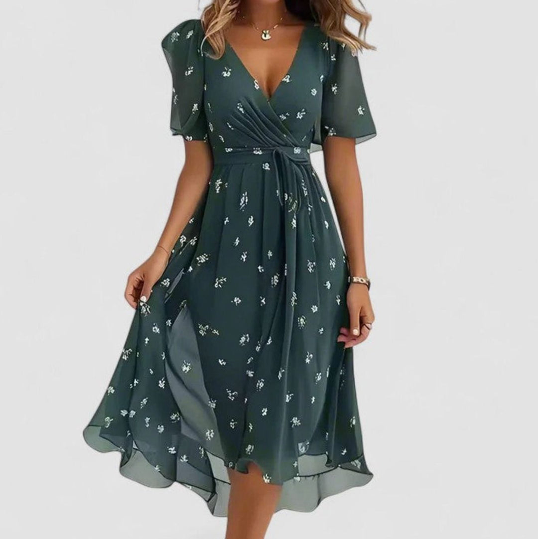 Women's V-Neck Flutter Sleeve Floral Short Dress High-Low Hem - Green