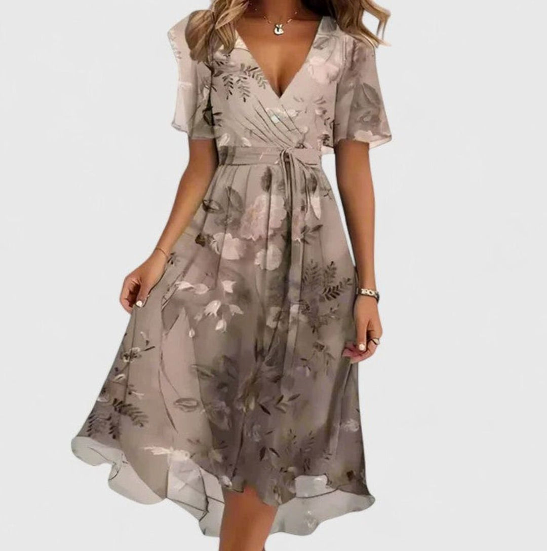 Women's V-Neck Flutter Sleeve Floral Short Dress High-Low Hem - Light Brown