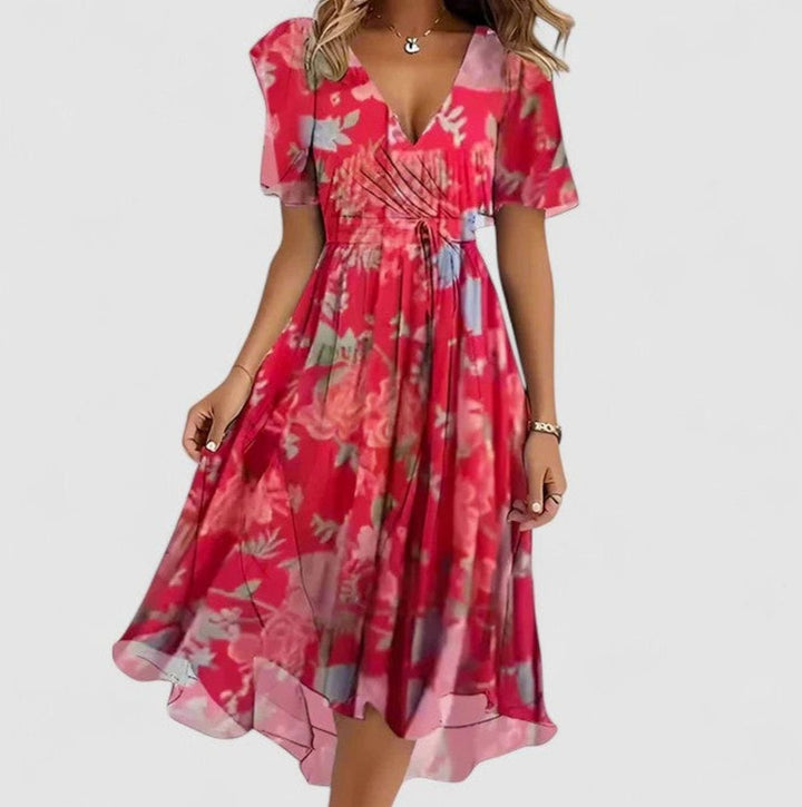 Women's V-Neck Flutter Sleeve Floral Short Dress High-Low Hem - Red