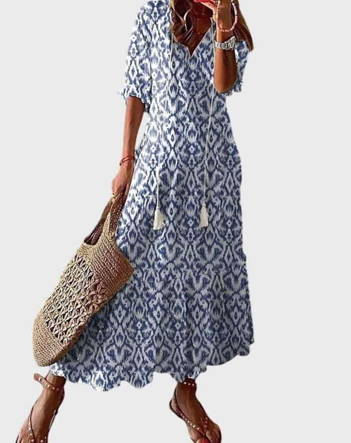 Women's V-Neck Ikat Print Tassel-Tie Boho Dress - Blue