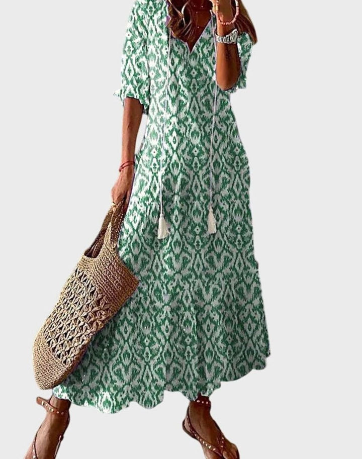 Women's V-Neck Ikat Print Tassel-Tie Boho Dress - Green
