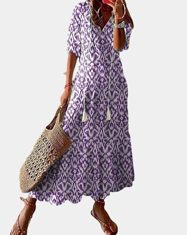 Women's V-Neck Ikat Print Tassel-Tie Boho Dress - Purple