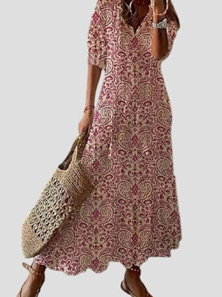 Women's V-Neck Ikat Print Tassel-Tie Boho Dress - Red