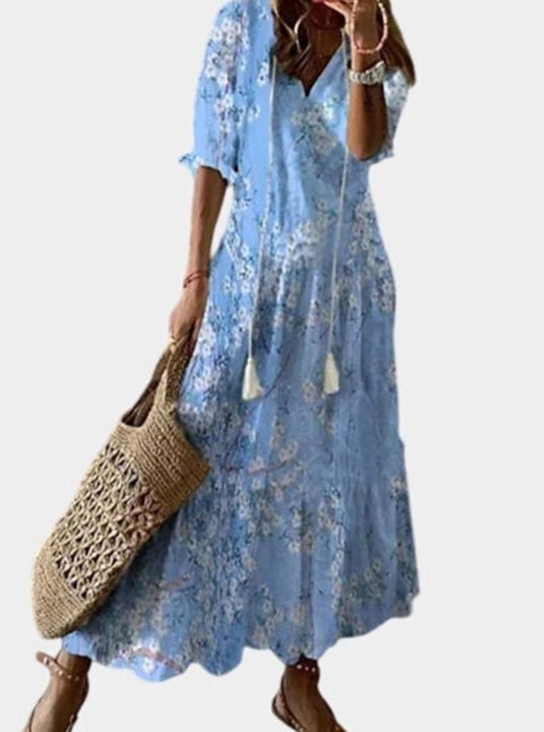 Women's V-Neck Ikat Print Tassel-Tie Boho Dress - Light Blue