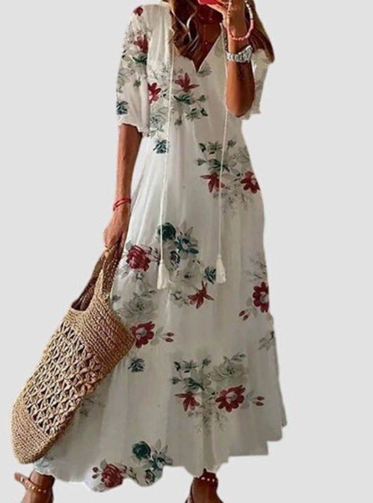 Women's V-Neck Ikat Print Tassel-Tie Boho Dress