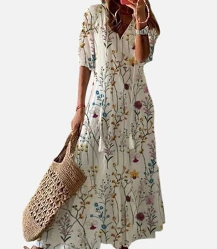 Women's V-Neck Ikat Print Tassel-Tie Boho Dress - Floral