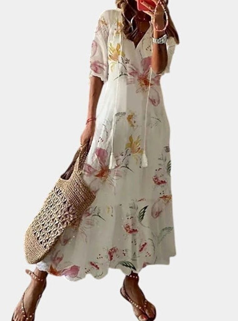 Women's V-Neck Ikat Print Tassel-Tie Boho Dress - White
