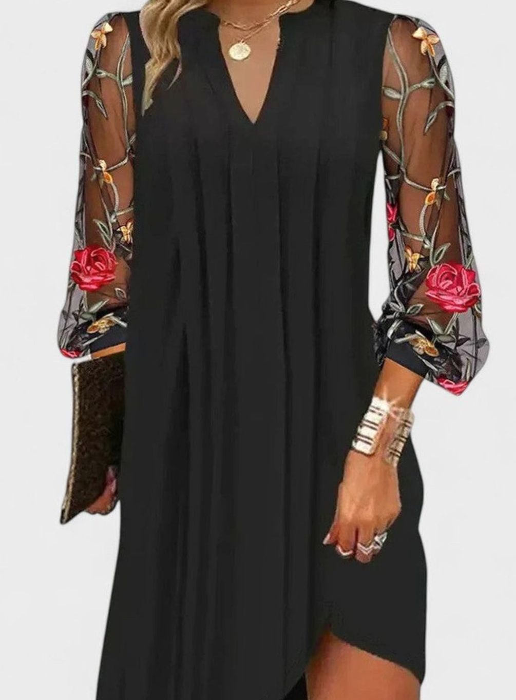 Women's V-Neck Long Sleeve Floral Embroidered Sheer Mini Dress