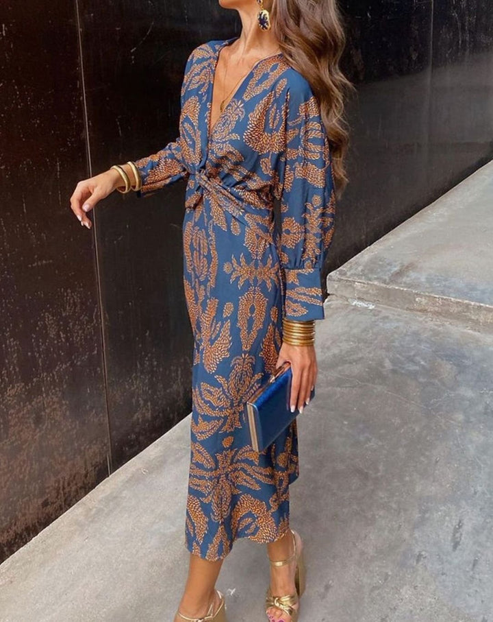 Women's V-Neck Long-Sleeve Knotted-Front Printed Maxi Dress - Blue