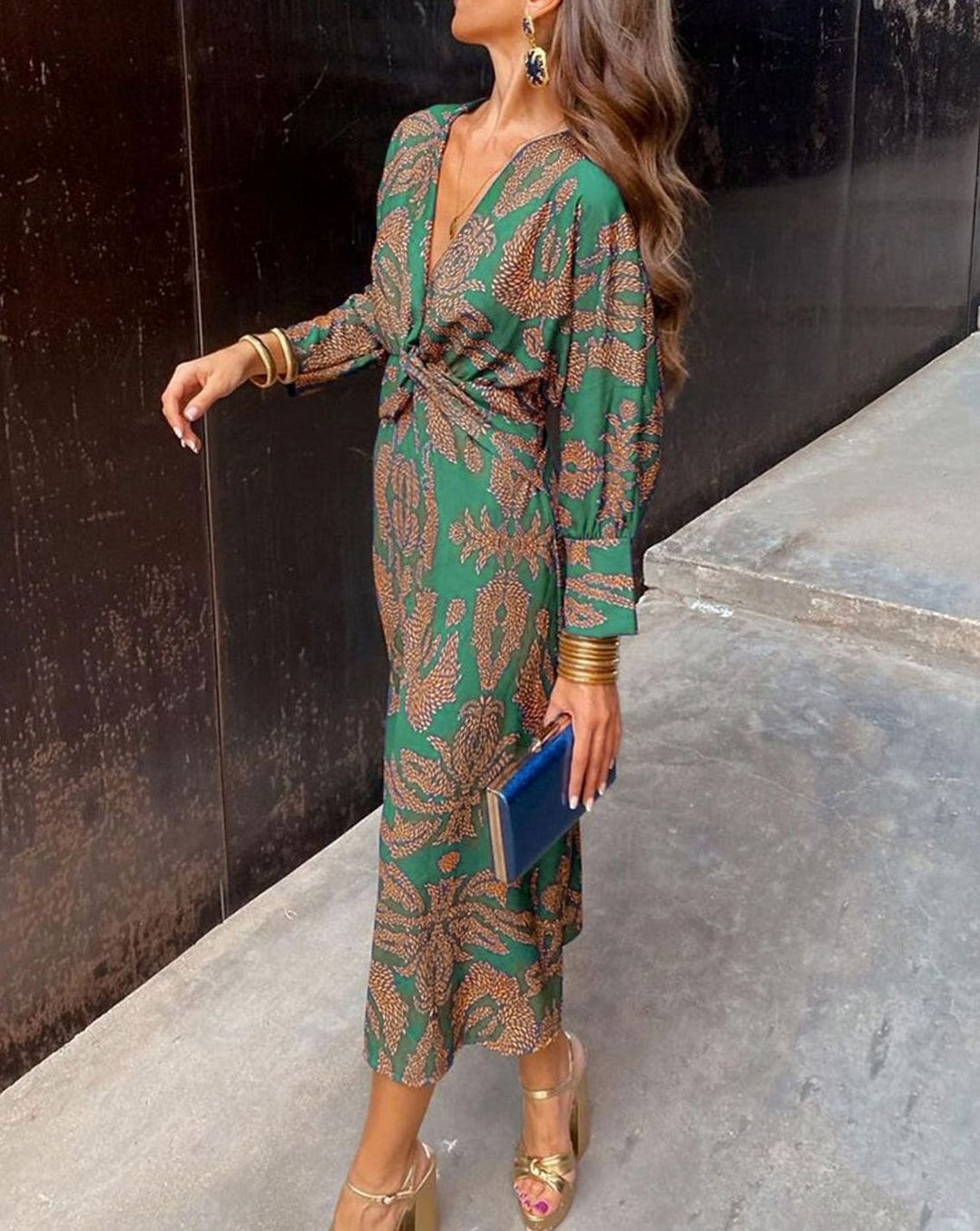 Women's V-Neck Long-Sleeve Knotted-Front Printed Maxi Dress - Green