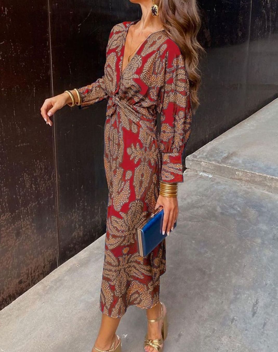 Women's V-Neck Long-Sleeve Knotted-Front Printed Maxi Dress - Red
