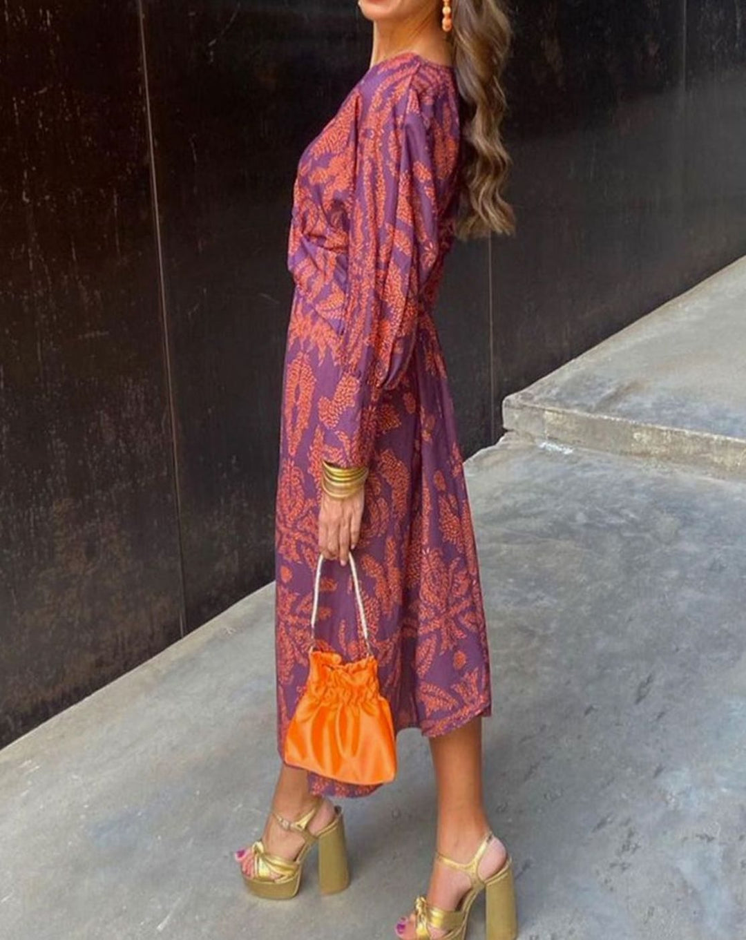 Women's V-Neck Long-Sleeve Knotted-Front Printed Maxi Dress - Purple