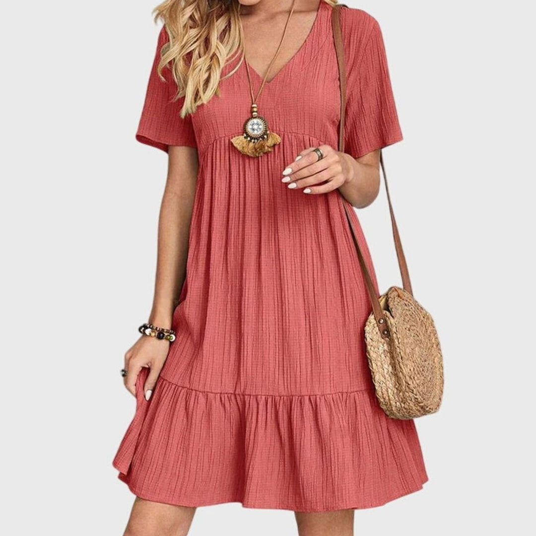 Women's V-Neck Tiered Ruffle-Hem Flattering Dress - Red