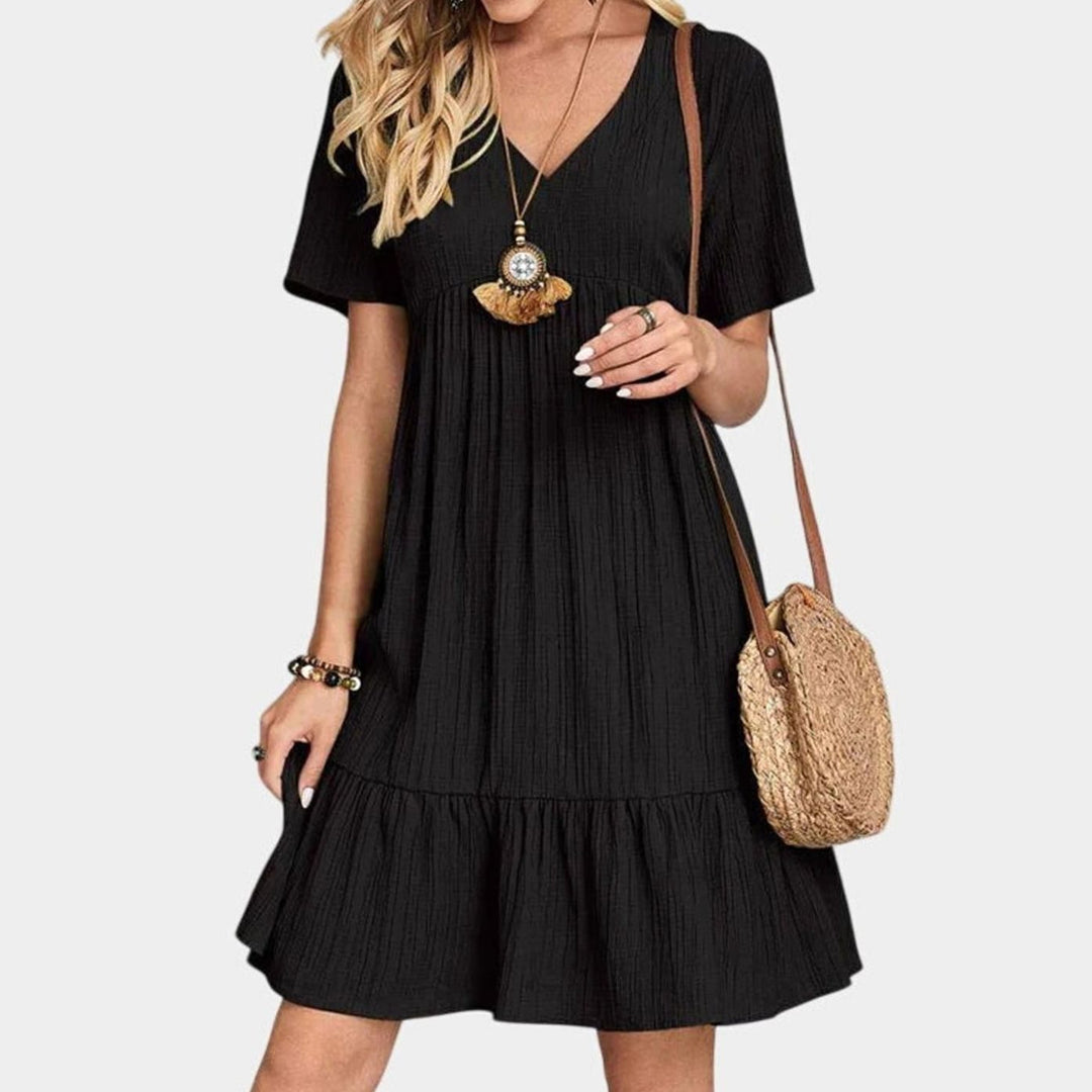 Women's V-Neck Tiered Ruffle-Hem Flattering Dress - Black