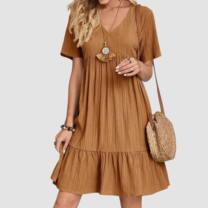 Women's V-Neck Tiered Ruffle-Hem Flattering Dress - Khaki