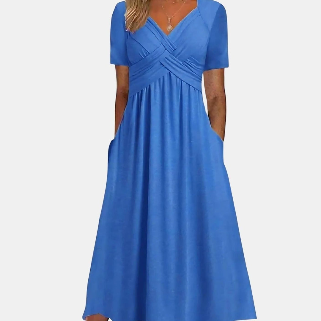Women's V-Neck Tummy Control A-Line Midi Dress Pockets - Blue