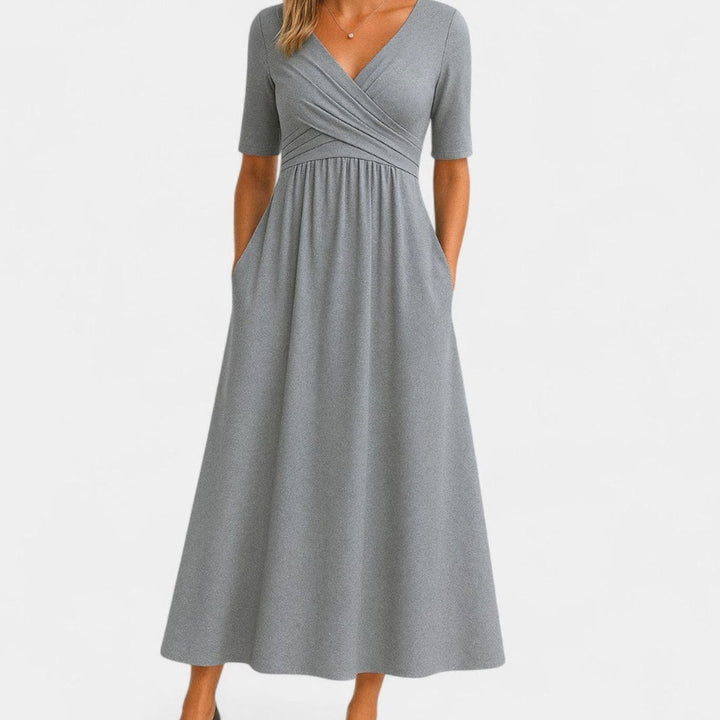 Women's V-Neck Wrap-Front Short-Sleeve Midi Dress Pockets - Gray
