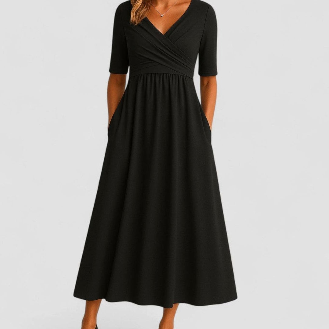 Women's V-Neck Wrap-Front Short-Sleeve Midi Dress Pockets - Black