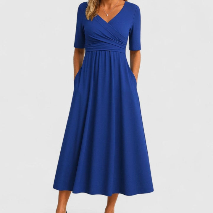 Women's V-Neck Wrap-Front Short-Sleeve Midi Dress Pockets - Blue