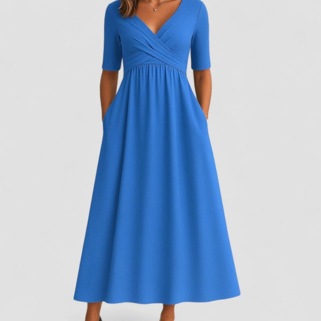 Women's V-Neck Wrap-Front Short-Sleeve Midi Dress Pockets - Azure