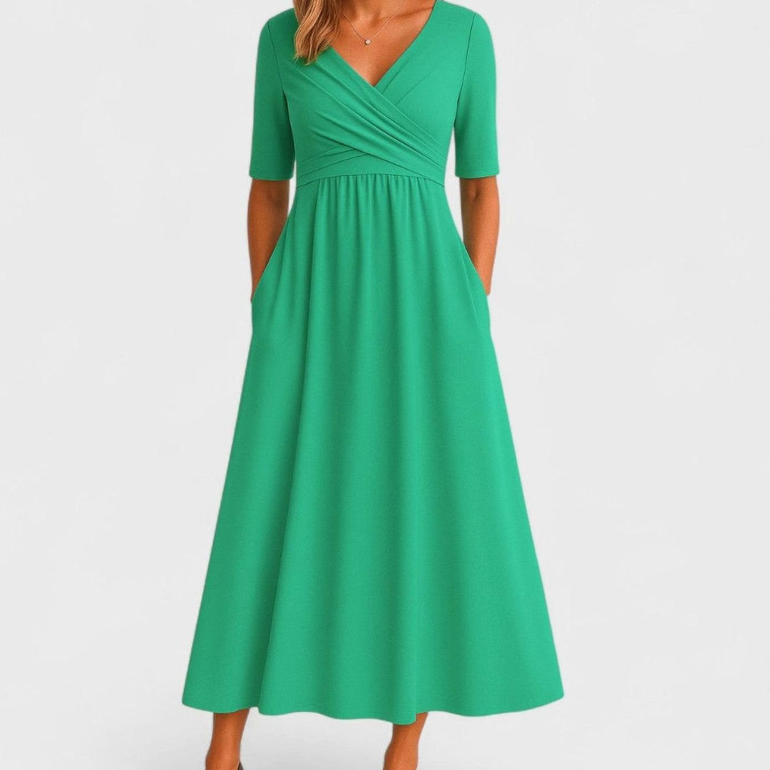 Women's V-Neck Wrap-Front Short-Sleeve Midi Dress Pockets - Green