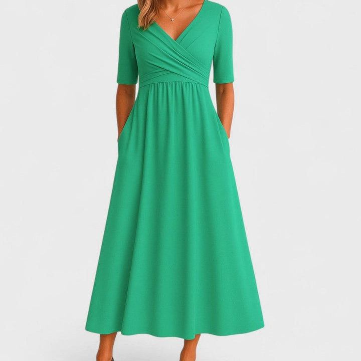 Women's V-Neck Wrap-Front Short-Sleeve Midi Dress Pockets - Green