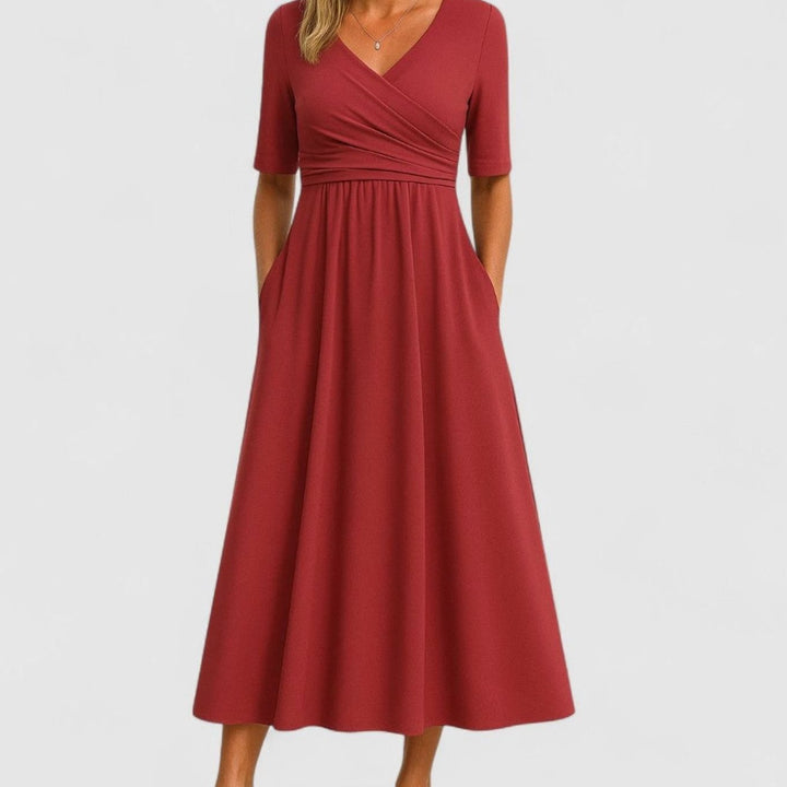 Women's V-Neck Wrap-Front Short-Sleeve Midi Dress Pockets - Red