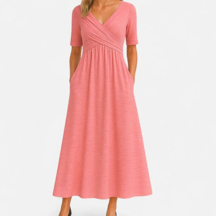 Women's V-Neck Wrap-Front Short-Sleeve Midi Dress Pockets - Pink